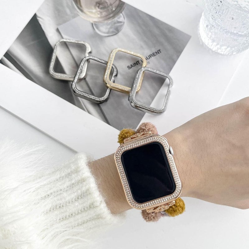 Lesampo Women Sparkly iWatch Screen Protector Case Compatible with Apple Watch Band 38mm 40mm 41mm 42mm 44mm 45mm 46mm Series,No_Glass Slim Bling Bumper (Black+Rose Golden+Starlight, 45 MM) - Image 5
